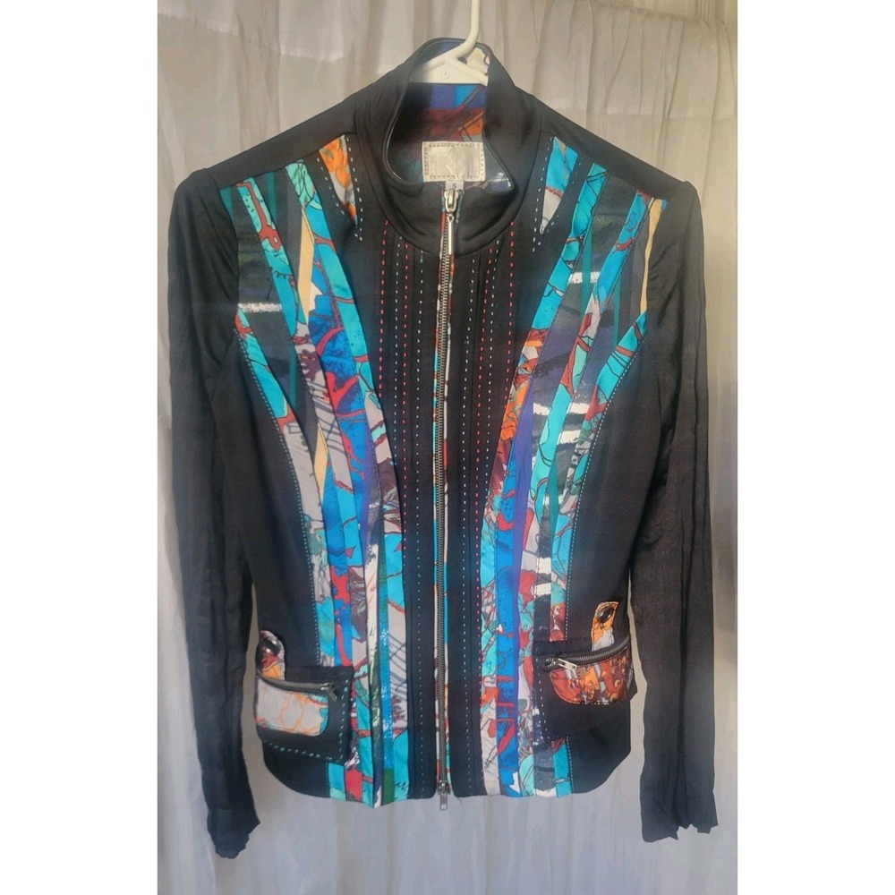 VTG Alberto Makali Art To Wear Jacket Womens Small S Mixed Media Full Zip Blue